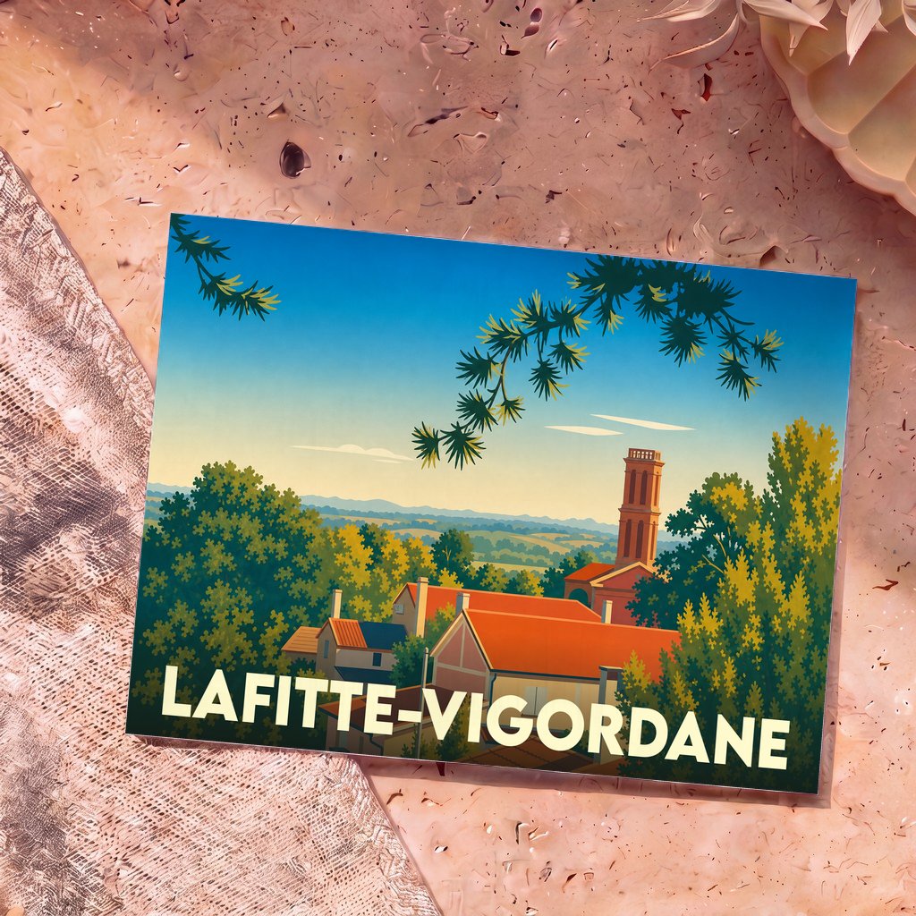 Carte postale souvenir de la ville de Lafitte-Vigordane avec une illustration stylisée d'un paysage de village.