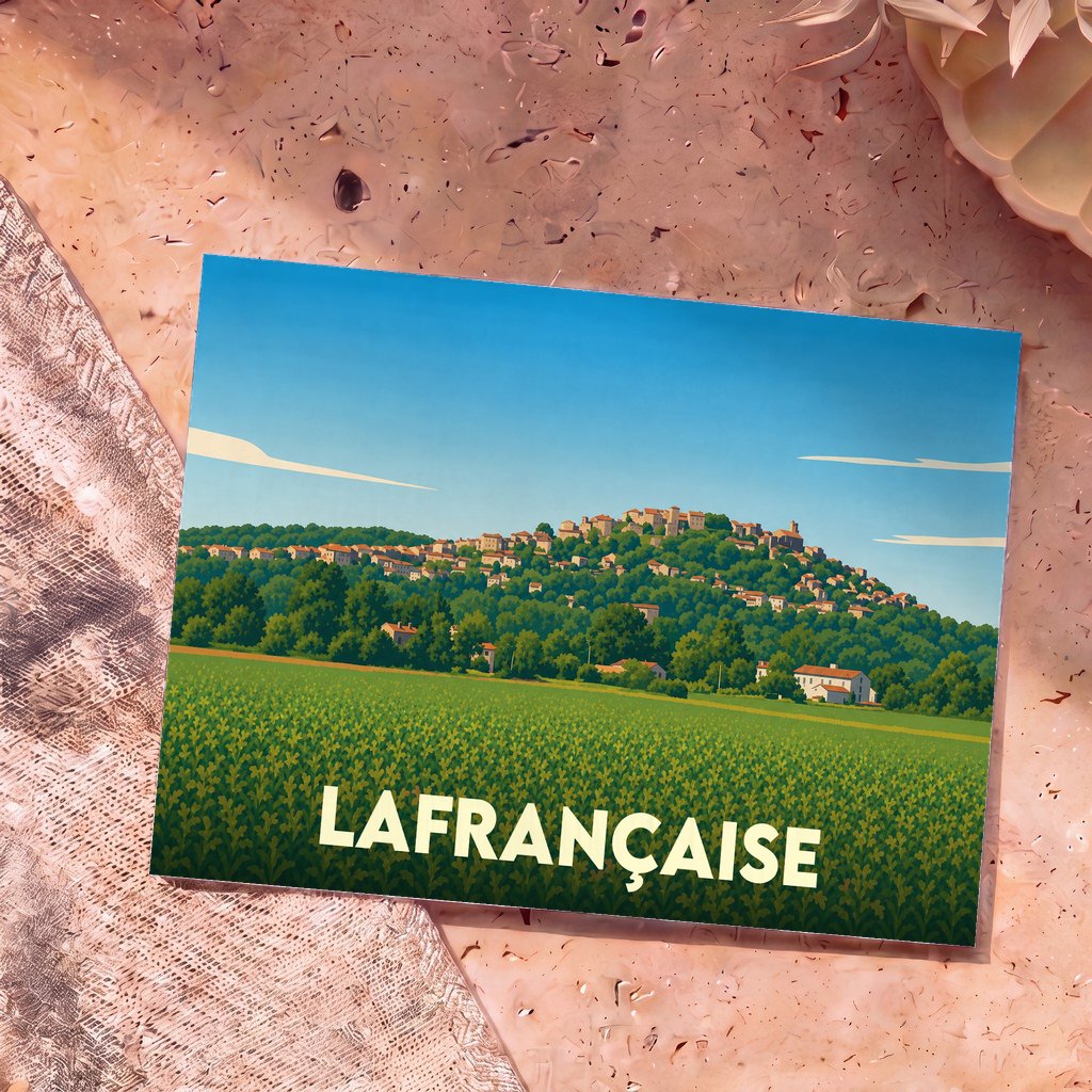 Carte postale souvenir de la ville de Lafrançaise avec une illustration stylisée d'un village sur une colline surplombant un champ.