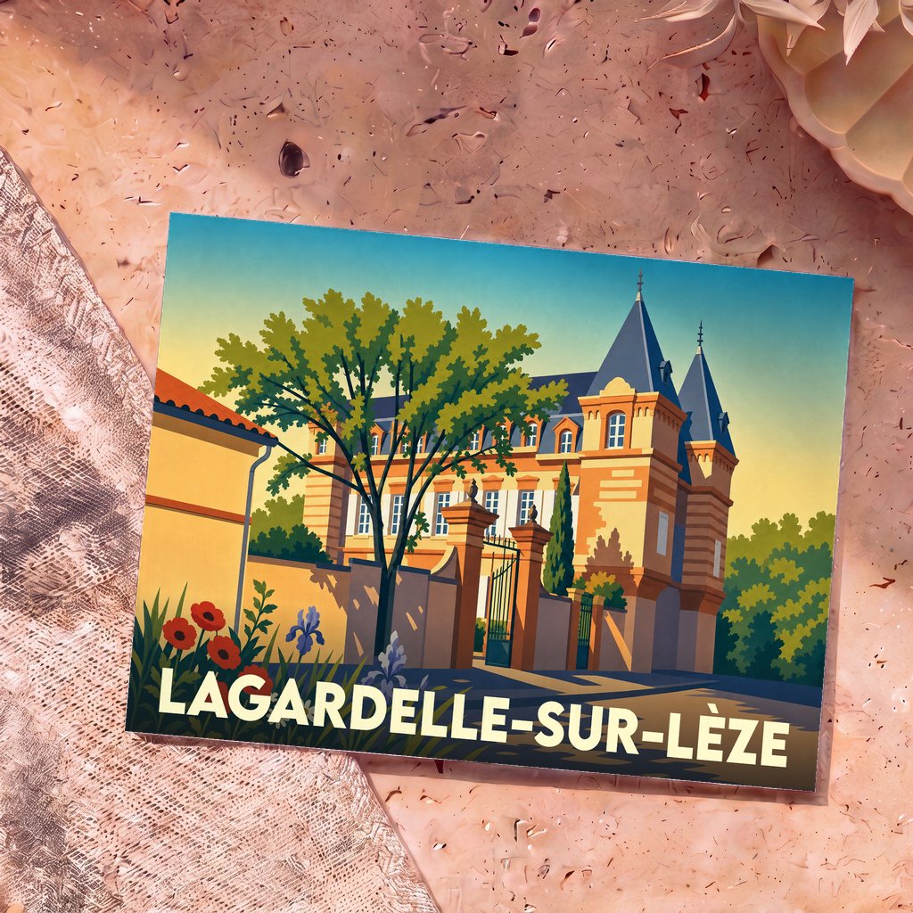 Carte postale souvenir de Lagardelle-sur-Lèze avec une illustration stylisée d'un château.
