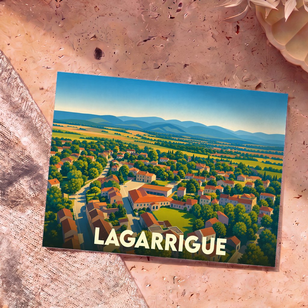 Carte postale souvenir de la ville de Lagarrigue avec une illustration stylisée d'un village entouré de paysages vallonnés.