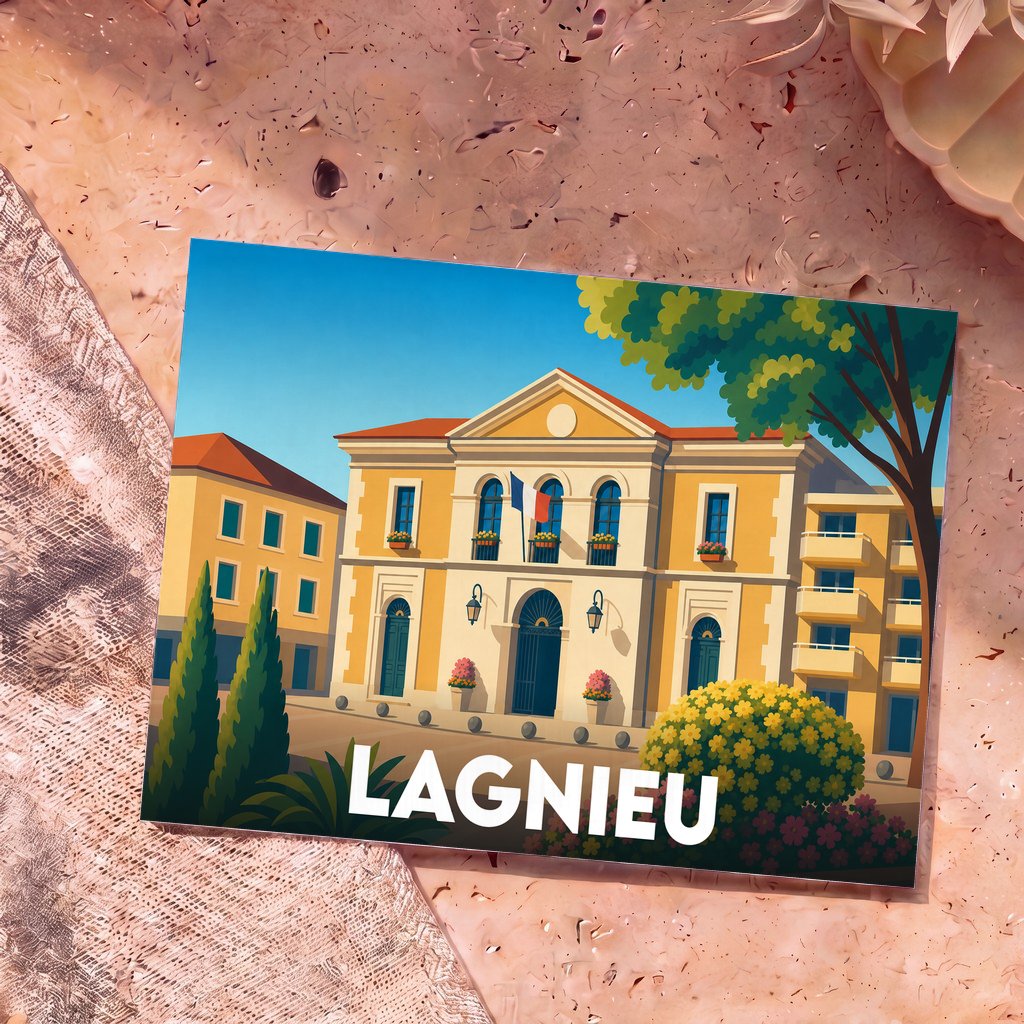 Carte postale souvenir de la ville de Lagnieu avec une illustration stylisée de son hôtel de ville.