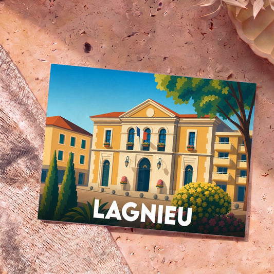 Carte postale souvenir de la ville de Lagnieu avec une illustration stylisée de son hôtel de ville.