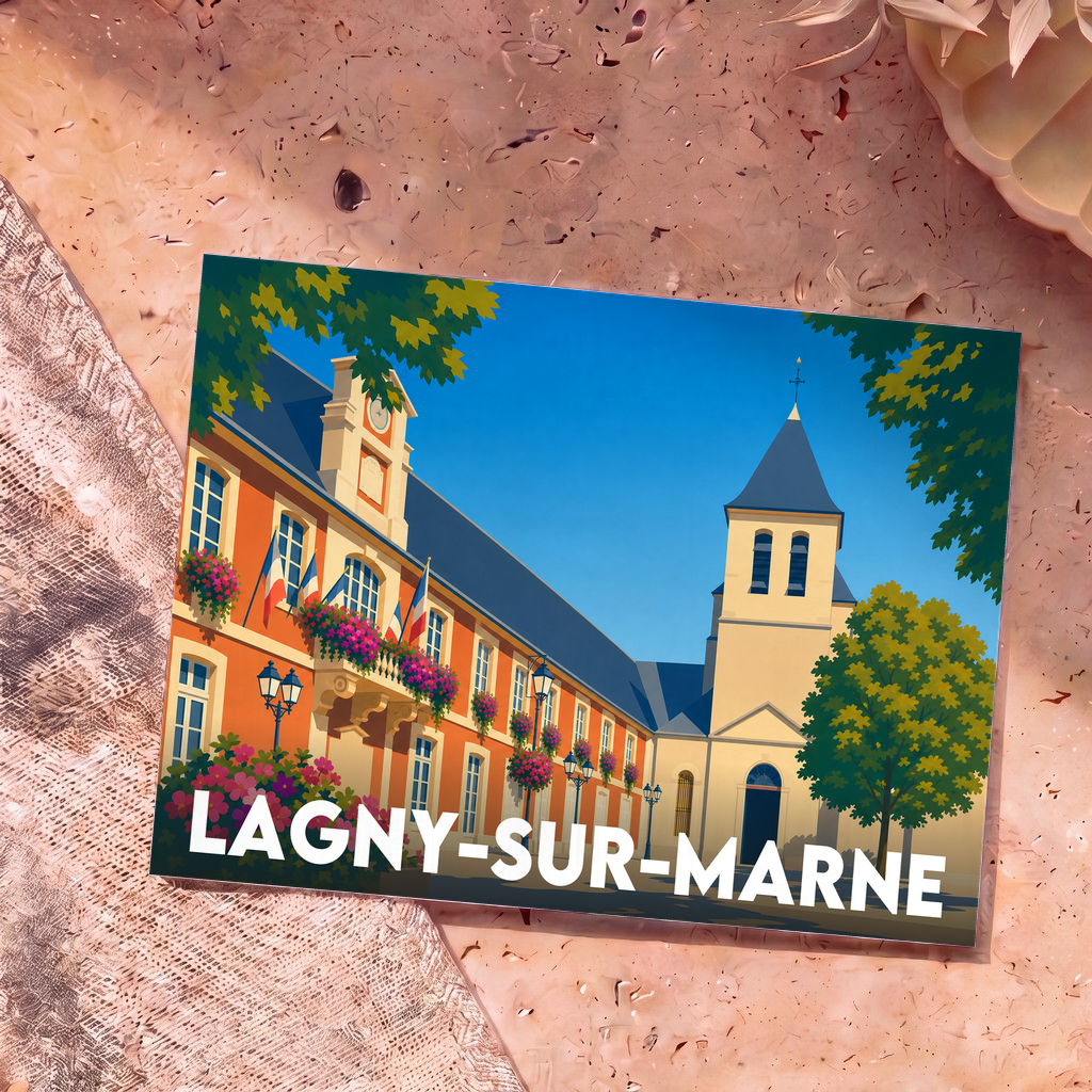 Carte postale souvenir de la ville de Lagny-sur-Marne illustrant l'hôtel de ville et son église dans un style graphique épuré.