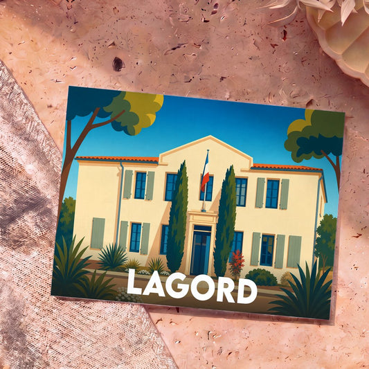 Carte postale souvenir de la ville de Lagord avec une illustration stylisée de son hôtel de ville.