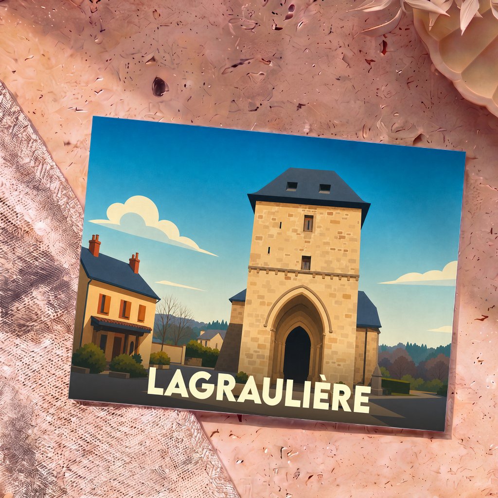Carte postale souvenir de la ville de Lagraulière avec une illustration stylisée de son église fortifiée.