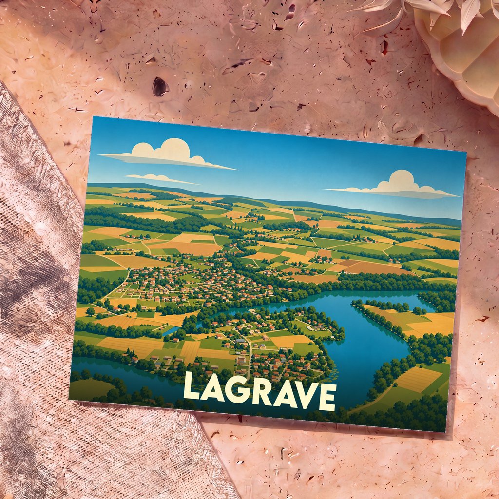 Carte postale souvenir de la ville de Lagrave avec une illustration stylisée vue du ciel.