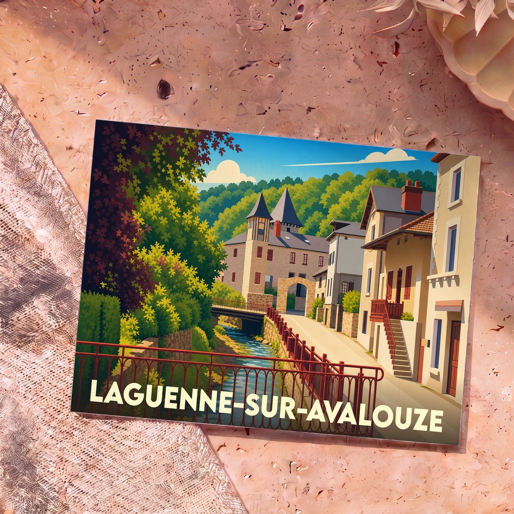 Carte postale souvenir de la ville de Laguenne-sur-Avalouze avec une illustration stylisée.