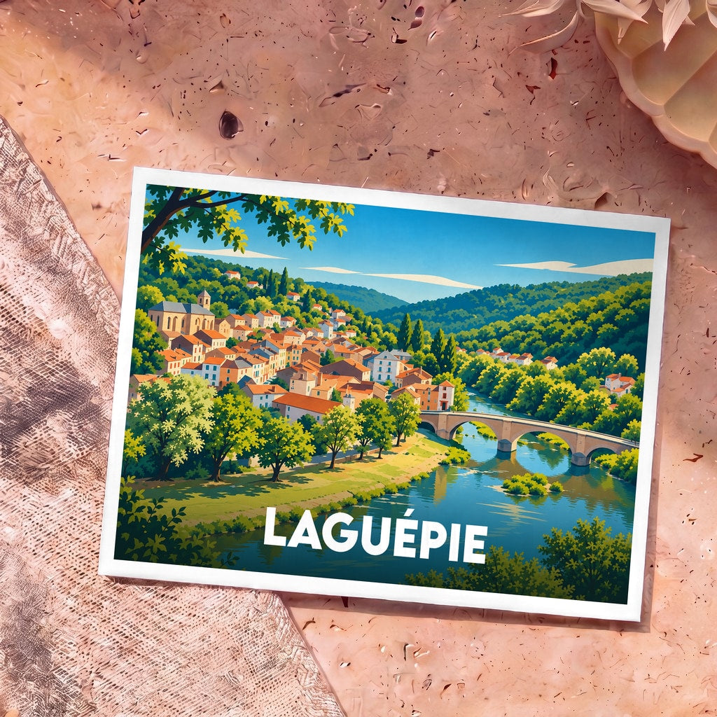 Carte postale souvenir de la ville de Laguépie avec une illustration stylisée d'un village en bord de rivière.