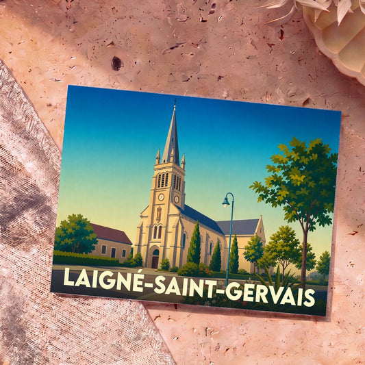 Carte postale souvenir de la ville de Laigné-Saint-Gervais avec une illustration stylisée de son église.