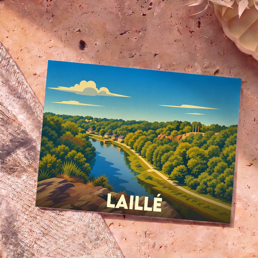 Carte postale souvenir de la ville de Laillé avec une illustration stylisée représentant la Vilaine bordée de forêts.