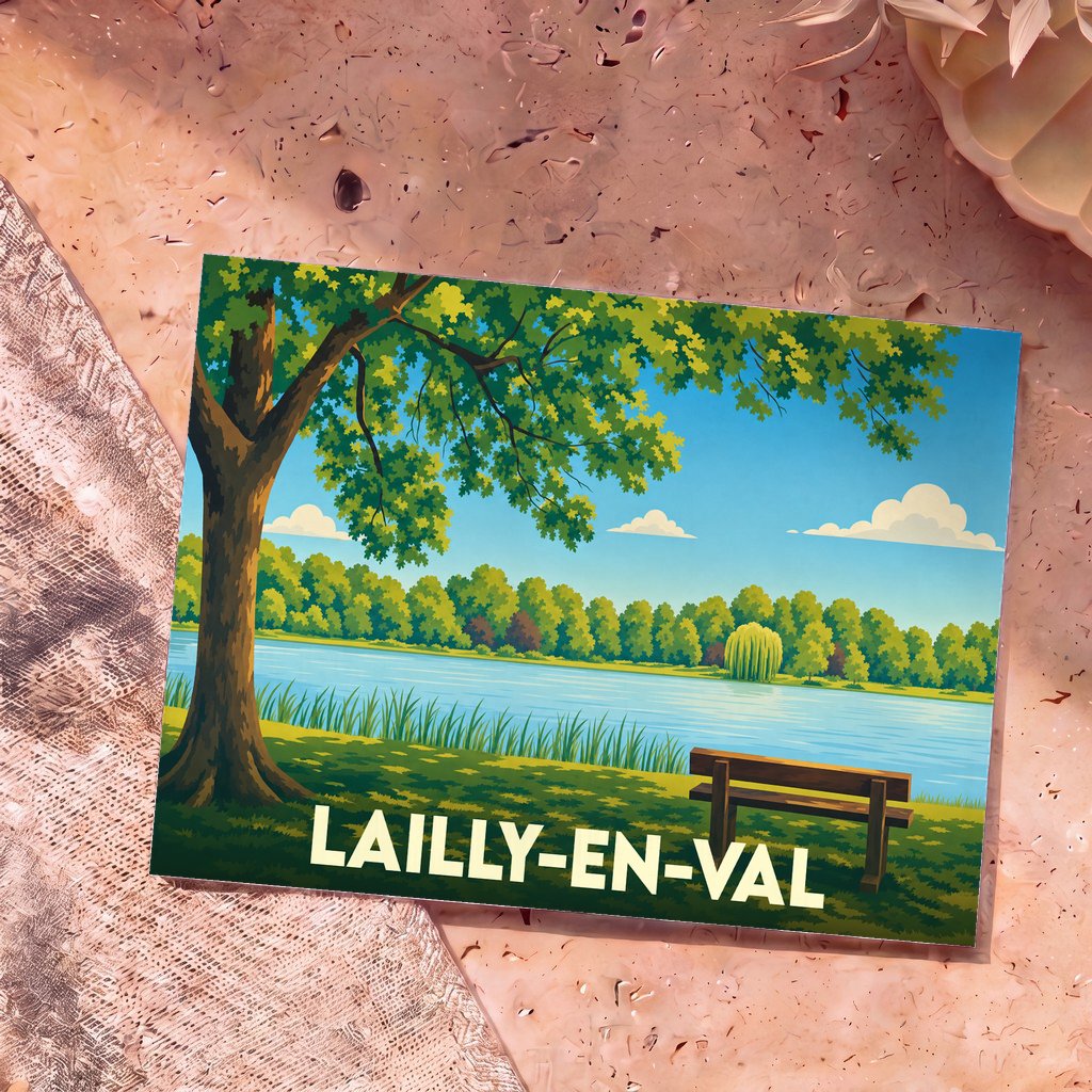 Carte postale souvenir de la ville de Lailly-en-Val avec une illustration stylisée d'un paysage de bord de Loire.