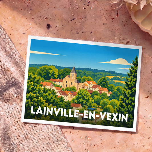 Carte postale souvenir de la ville de Lainville-en-Vexin avec une illustration stylisée de son église et de ses paysages verdoyants.
