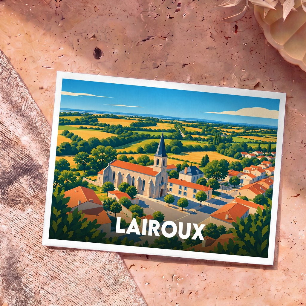 Carte postale souvenir de la ville de Lairoux avec une illustration stylisée.