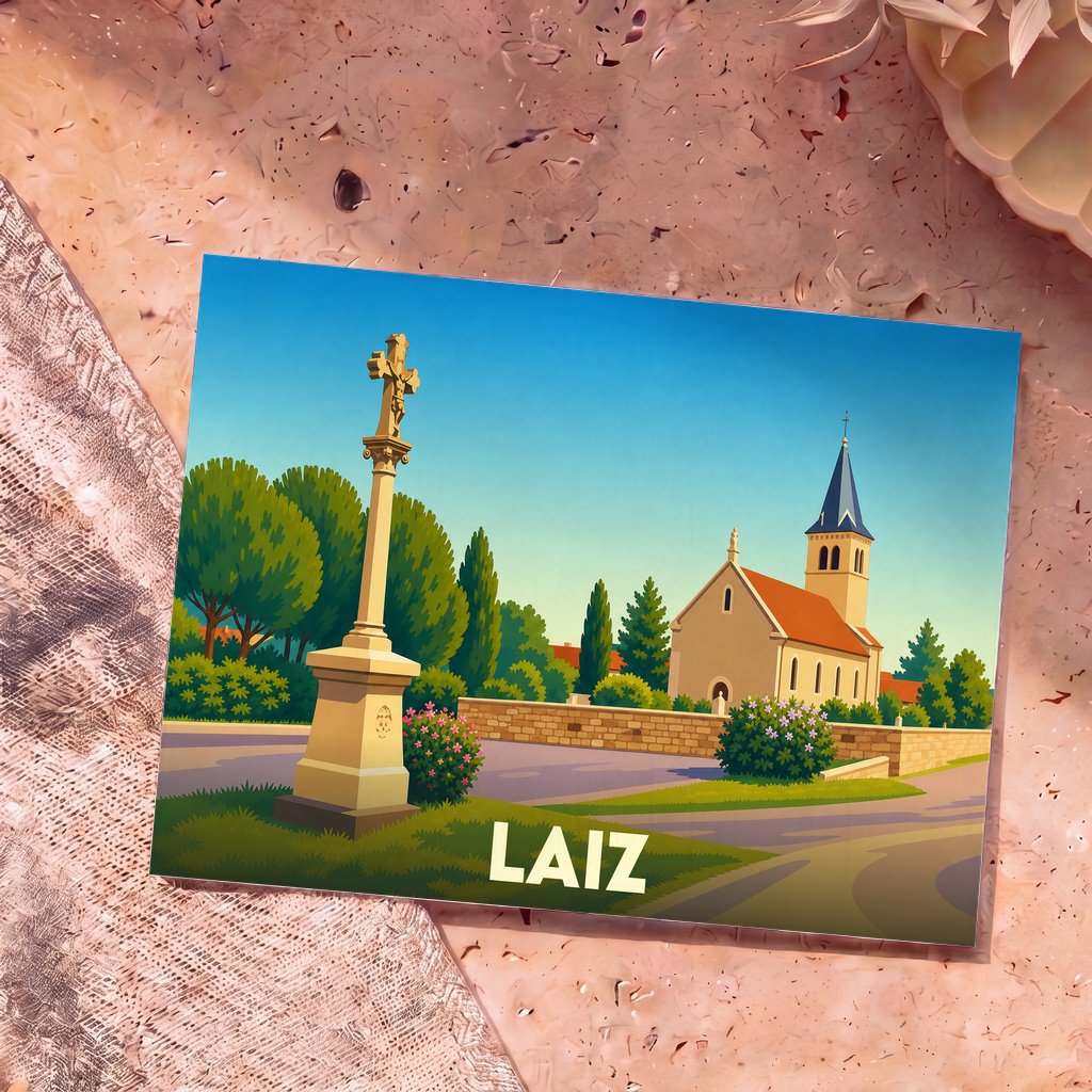 Carte postale souvenir de la ville de Laiz avec une illustration stylisée d'une église et d'un calvaire.