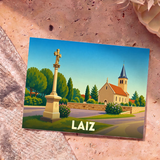 Carte postale souvenir de la ville de Laiz avec une illustration stylisée d'une église et d'un calvaire.
