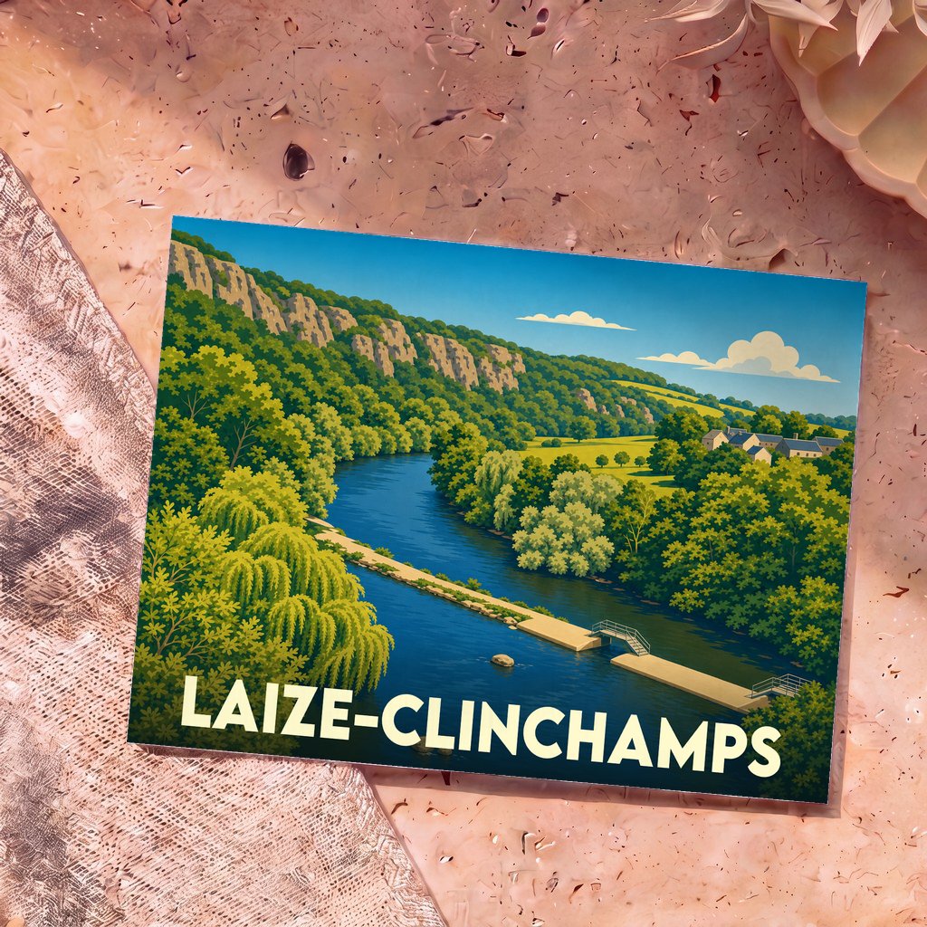 Carte postale souvenir de la ville de Laize-Clinchamps avec une illustration stylisée d'un paysage fluvial.