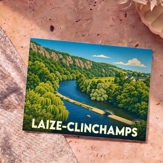 Carte postale souvenir de la ville de Laize-Clinchamps avec une illustration stylisée d'un paysage fluvial.