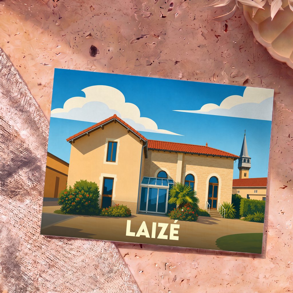 Carte postale souvenir de la ville de Laizé avec une illustration stylisée d'un bâtiment typique sous un ciel bleu.