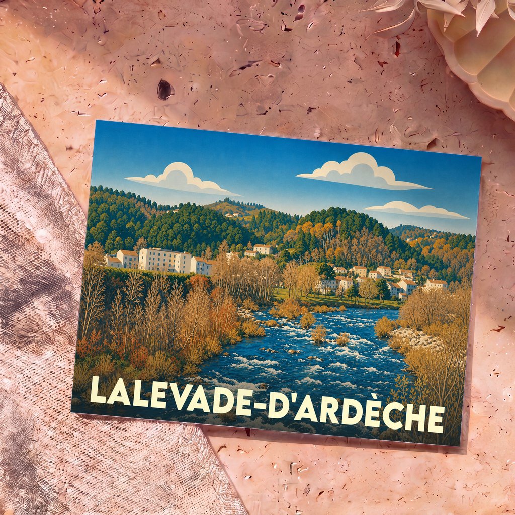 Carte postale souvenir de la ville de Lalevade-d'Ardèche avec une illustration stylisée d'un paysage de rivière et de collines.