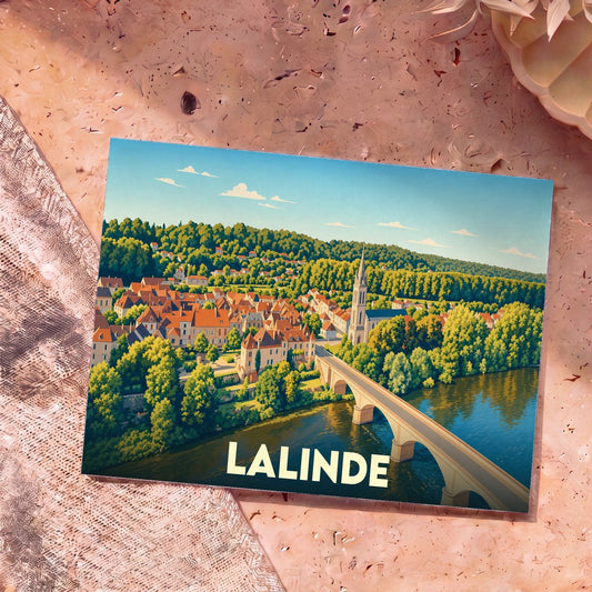 Carte postale souvenir de la ville de Lalinde avec une illustration stylisée d'un pont enjambant une rivière.