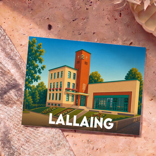 Carte postale souvenir de la ville de Lallaing avec une illustration stylisée de son architecture.