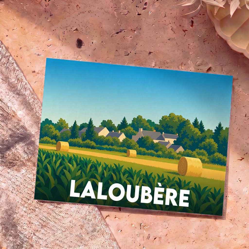 Carte postale souvenir de la ville de Laloubère avec une illustration stylisée d'un paysage champêtre.