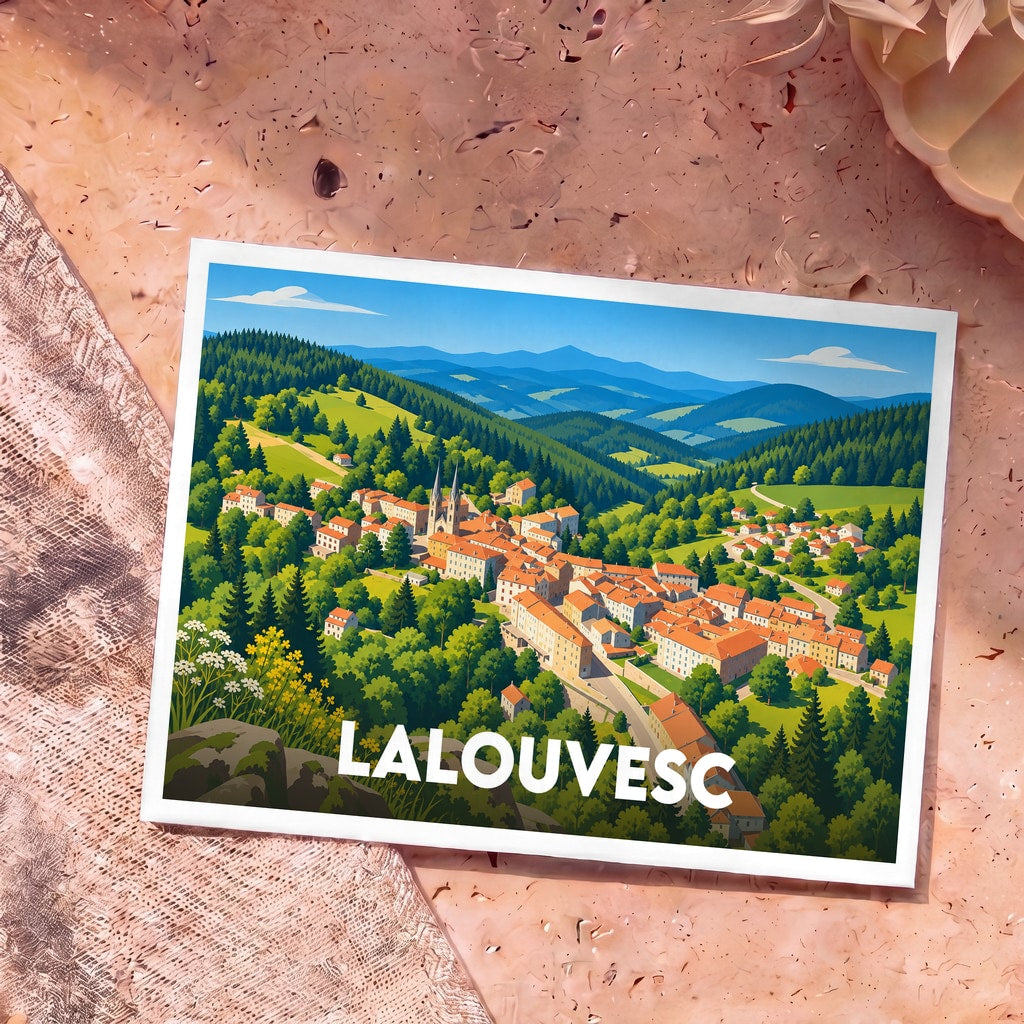 Carte postale souvenir de la ville de Lalouvesc avec une illustration stylisée d'un village de montagne.