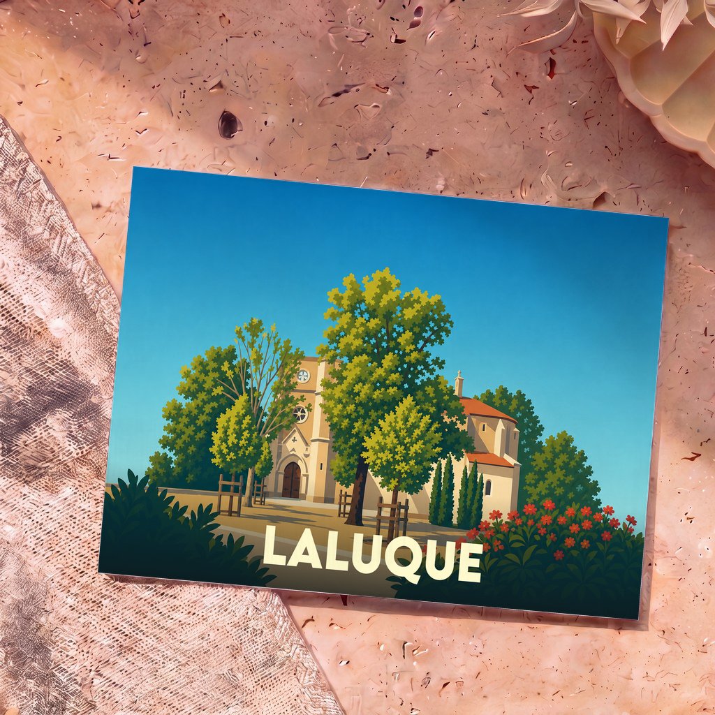 Carte postale souvenir de la ville de Laluque avec une illustration stylisée de son église entourée de verdure.