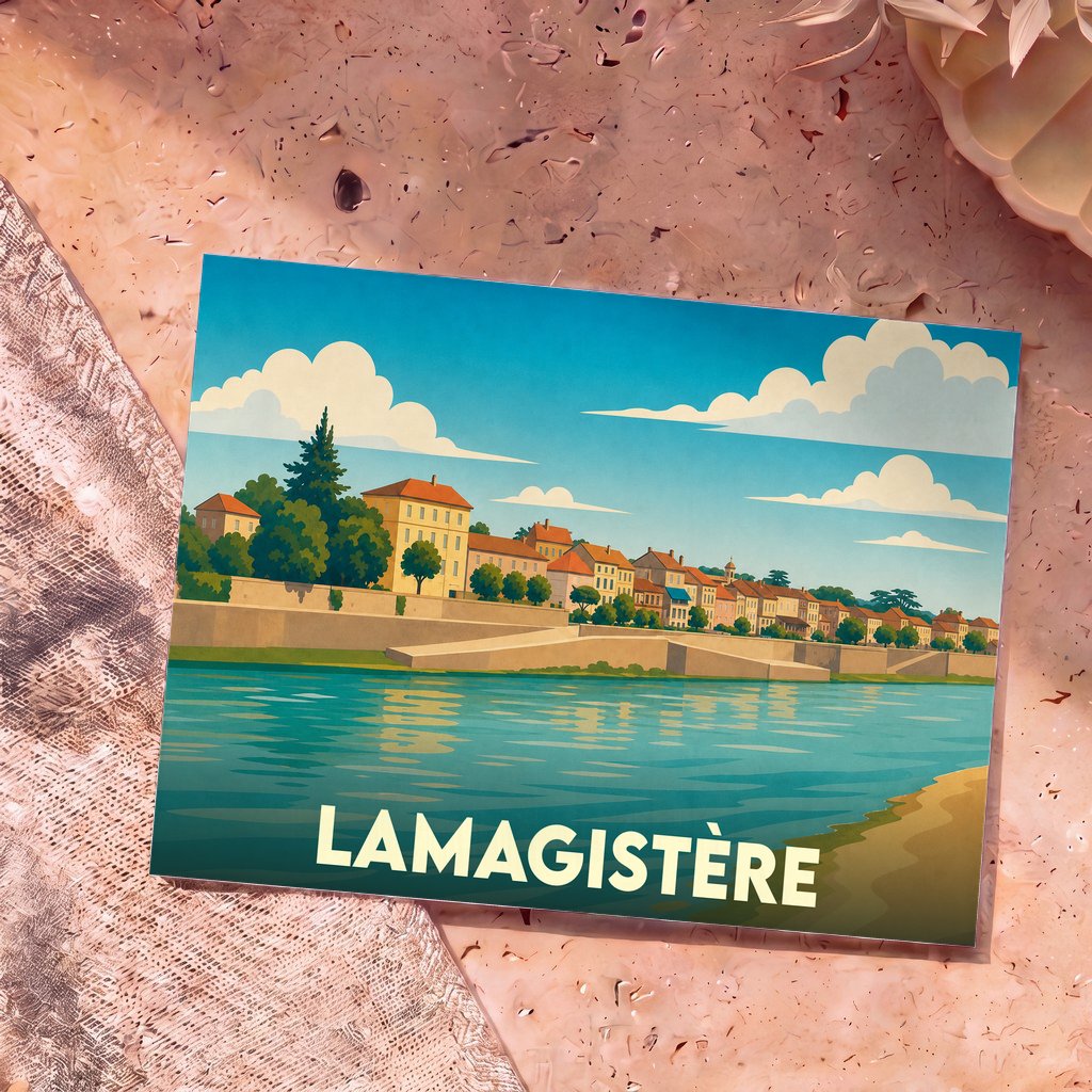 Carte postale souvenir de la ville de Lamagistère avec une illustration stylisée des quais au bord de la Garonne.
