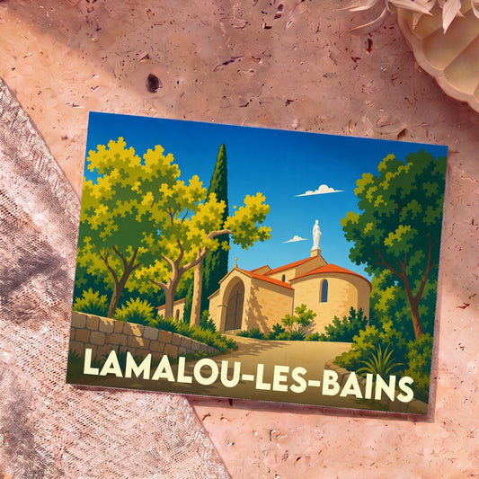 Carte postale souvenir de la ville de Lamalou-les-Bains avec une illustration stylisée de sa chapelle.