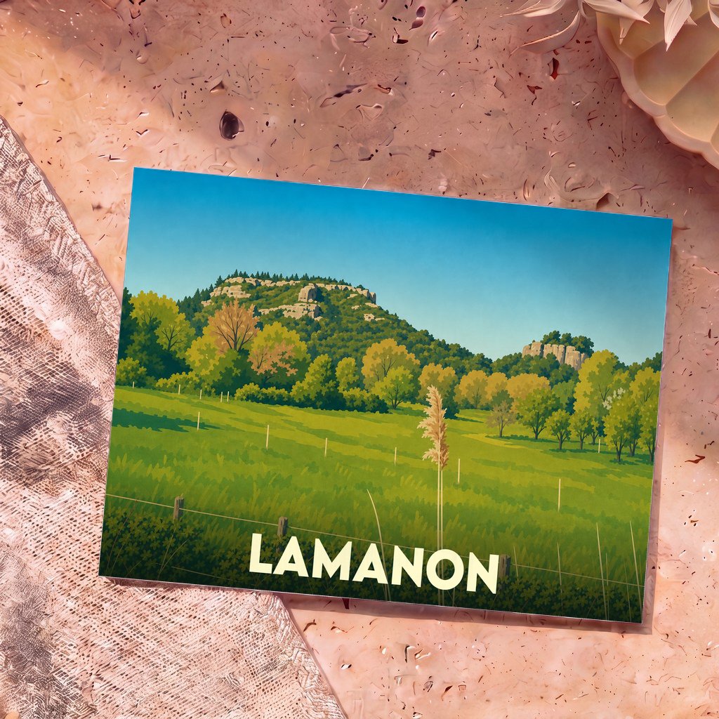 Carte postale souvenir de la ville de Lamanon avec une illustration stylisée de ses paysages naturels.