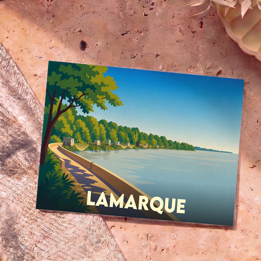 Carte postale souvenir de la ville de Lamarque avec une illustration stylisée de ses carrelets de pêche en bord d'eau.