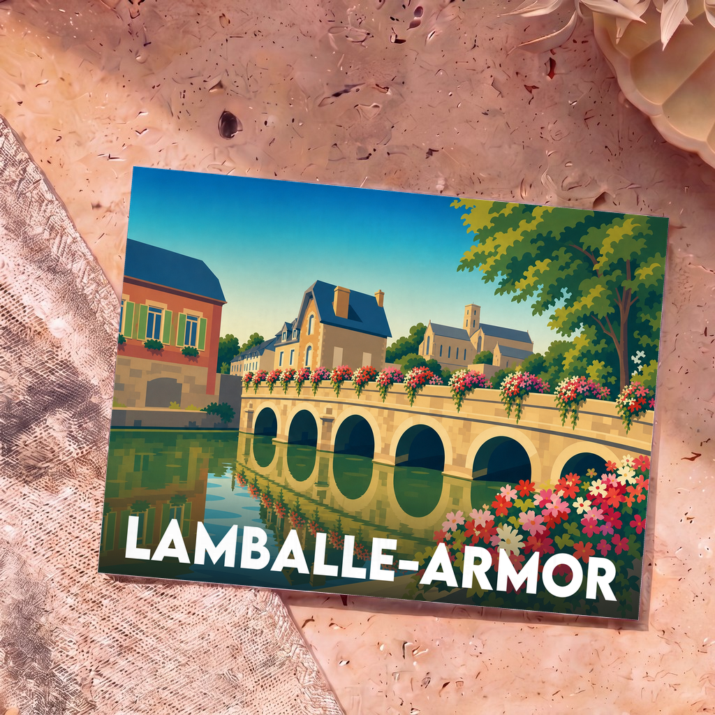 Carte postale souvenir de la ville de Lamballe-Armor avec une illustration stylisée d'un pont fleuri.