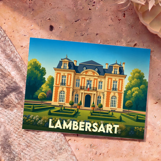 Carte postale souvenir de la ville de Lambersart illustrant une élégante demeure bourgeoise entourée de jardins à la française.