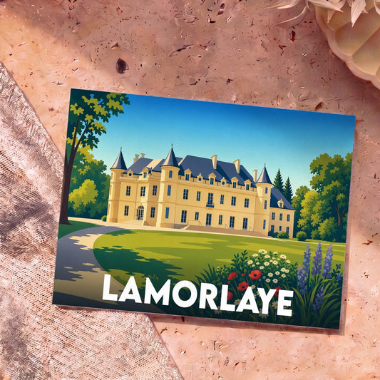 Carte postale souvenir de la ville de Lamorlaye avec une illustration stylisée d'un château entouré de jardins.
