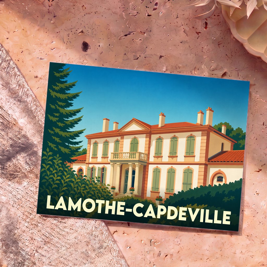 Carte postale souvenir de la ville de Lamothe-Capdeville avec une illustration stylisée d'une grande demeure bourgeoise.