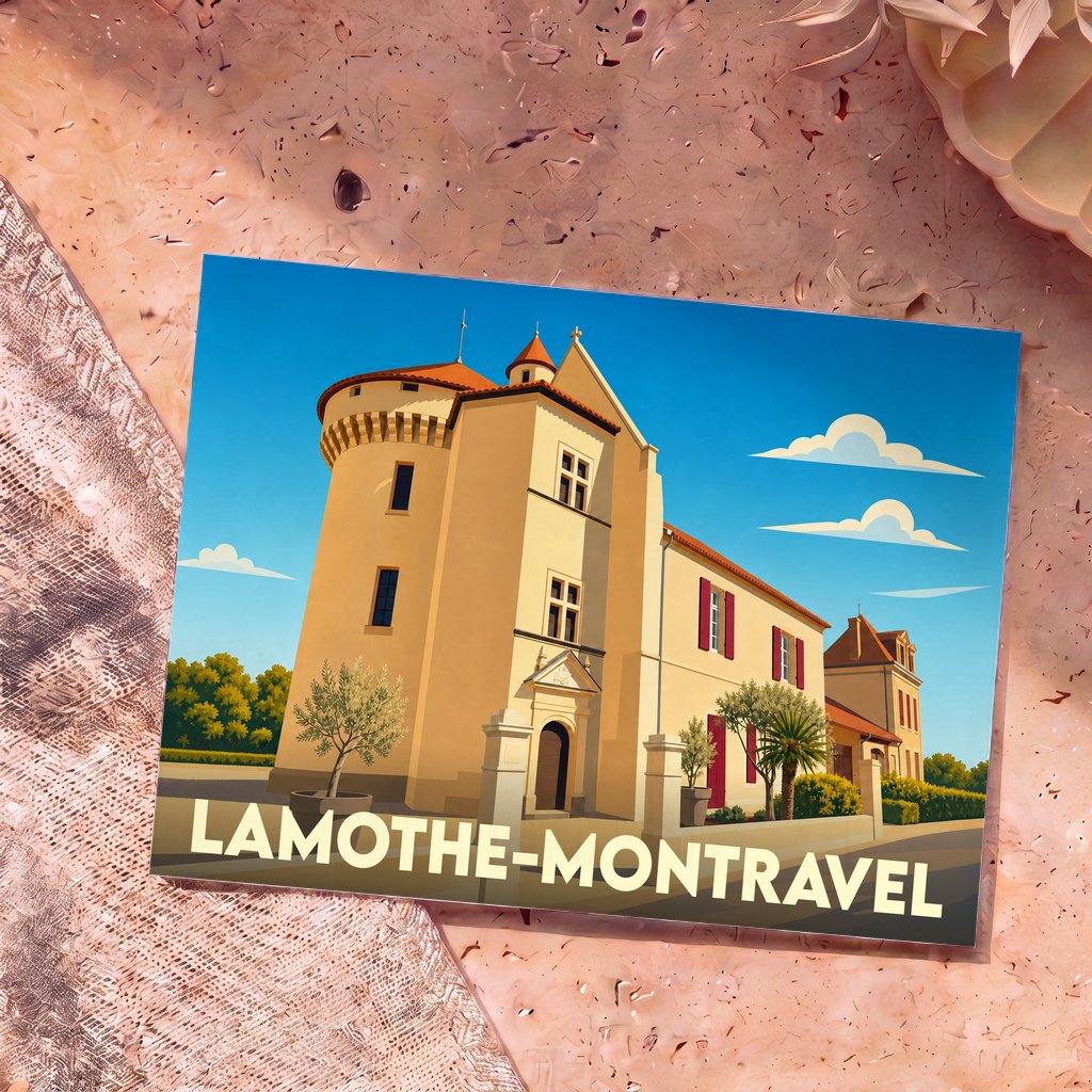 Carte postale souvenir de la ville de Lamothe-Montravel avec une illustration stylisée de son patrimoine architectural.