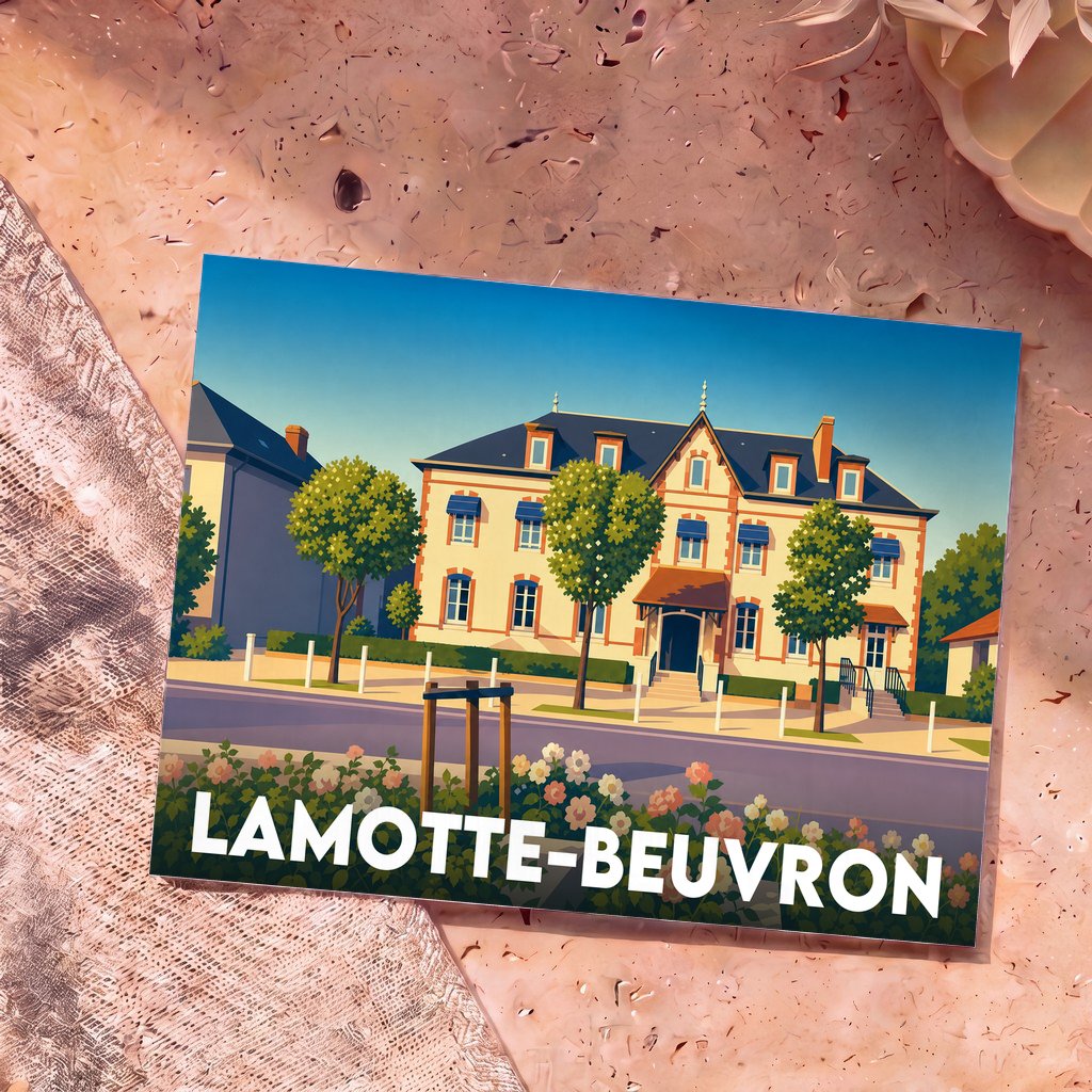 Carte postale souvenir de la ville de Lamotte-Beuvron avec une illustration stylisée d'un bâtiment emblématique.