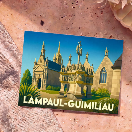 Carte postale souvenir de la ville de Lampaul-Guimiliau illustrant son célèbre enclos paroissial dans un style graphique épuré.