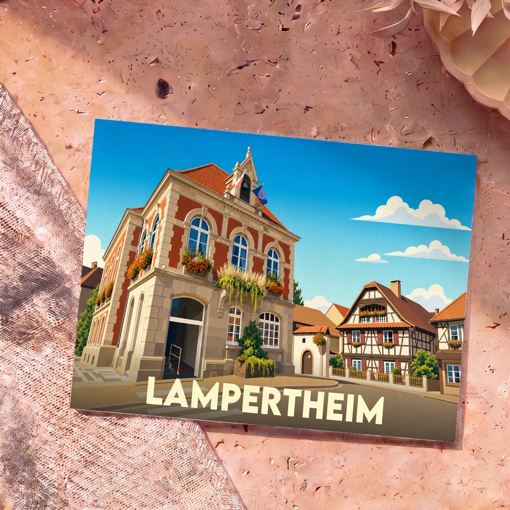 Carte postale souvenir de la ville de Lampertheim avec une illustration stylisée de son architecture typique.