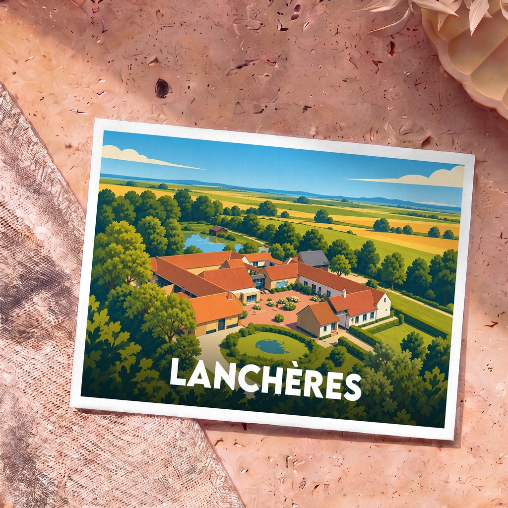 Carte postale souvenir de la ville de Lanchères avec une illustration stylisée d'un domaine rural entouré de champs.