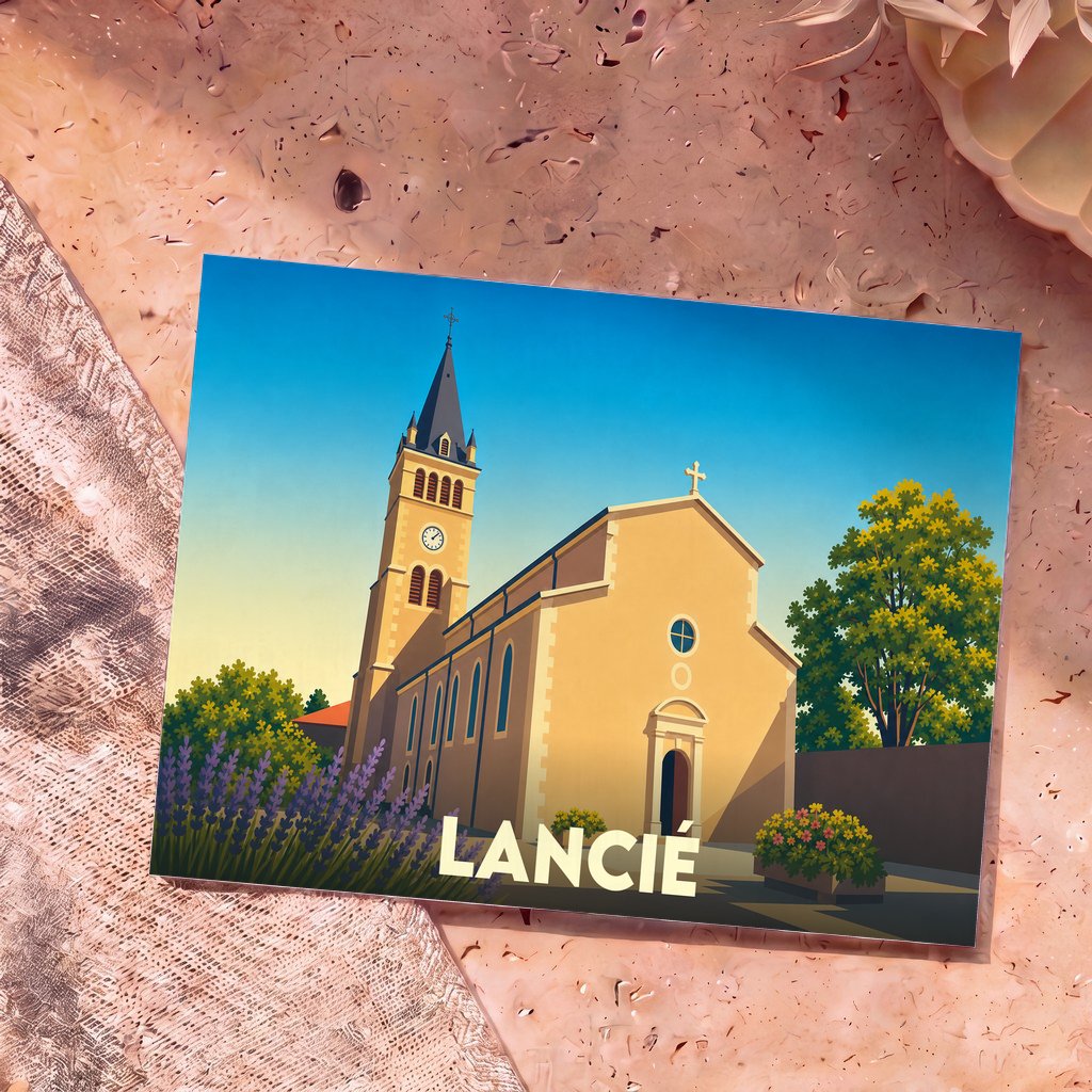 Carte postale souvenir de la ville de Lancié illustrant son église dans un style graphique et coloré.