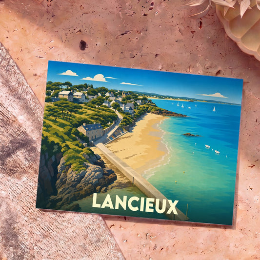 Carte postale souvenir de la ville de Lancieux avec une illustration stylisée de sa plage et de son littoral.