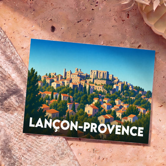 Carte postale souvenir de la ville de Lançon-Provence avec une illustration stylisée.