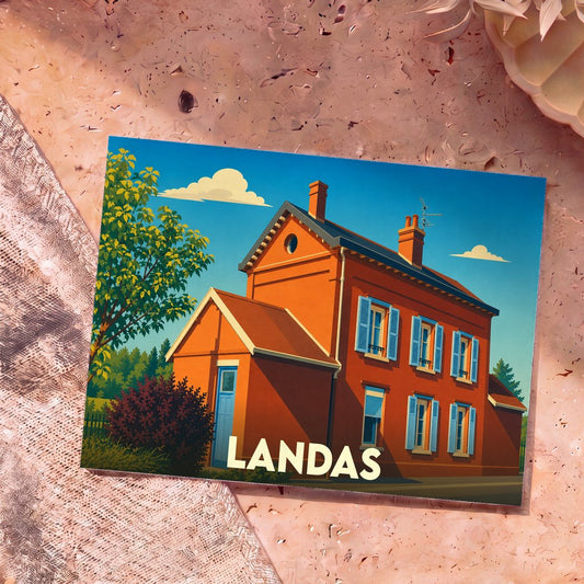 Carte postale souvenir de la ville de Landas avec une illustration stylisée d'une maison traditionnelle aux volets bleus.