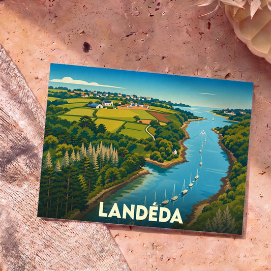 Carte postale souvenir de la ville de Landéda illustrant une vue aérienne stylisée de l'Aber-Wrac'h avec ses champs et ses bateaux.
