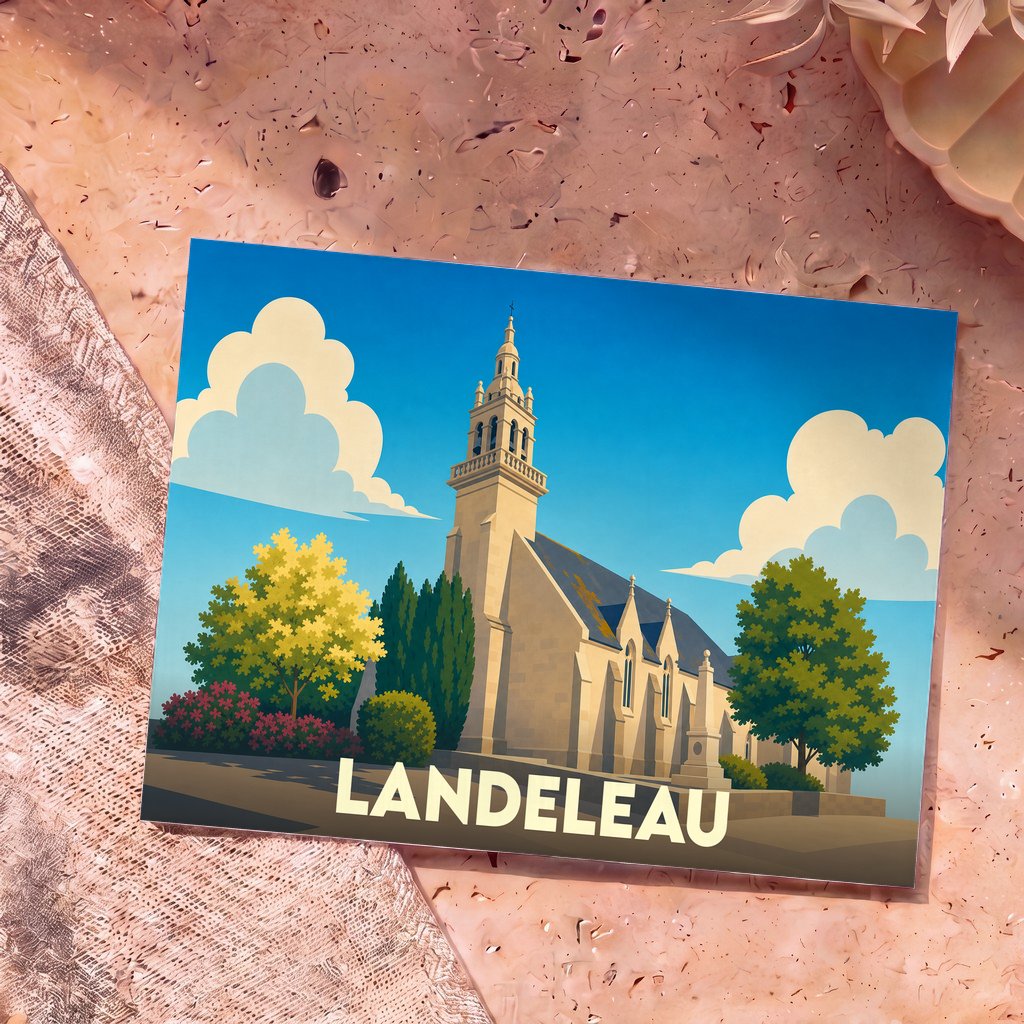 Carte postale souvenir de la ville de Landeleau avec une illustration stylisée de son église.