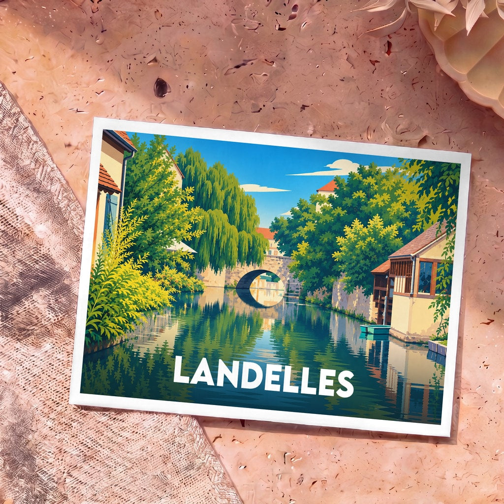 Carte postale souvenir de la ville de Landelles avec une illustration stylisée d'un canal bordé de maisons et d'arbres.