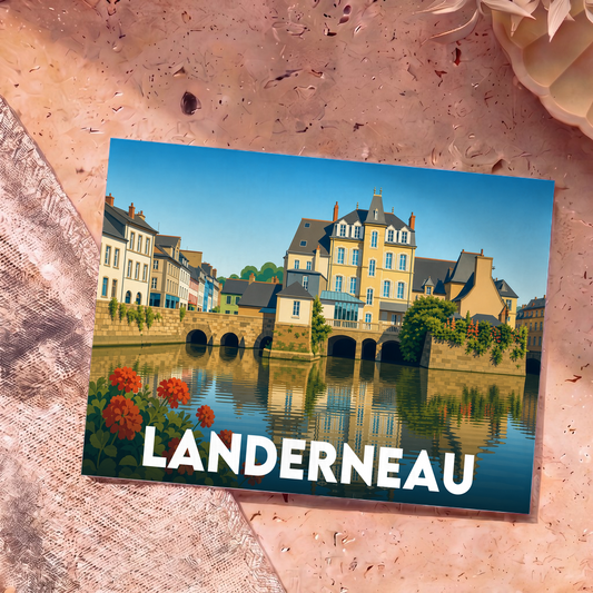 Carte postale souvenir de la ville de Landerneau arborant une illustration stylisée de son célèbre pont habité se reflétant dans l'eau.
