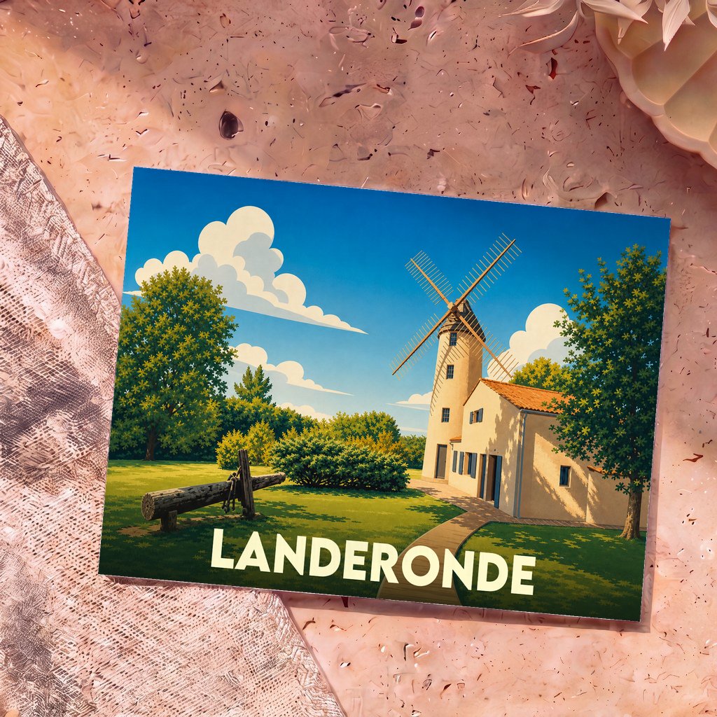 Carte postale souvenir de la ville de Landeronde avec une illustration stylisée d'un moulin à vent sous un ciel ensoleillé.